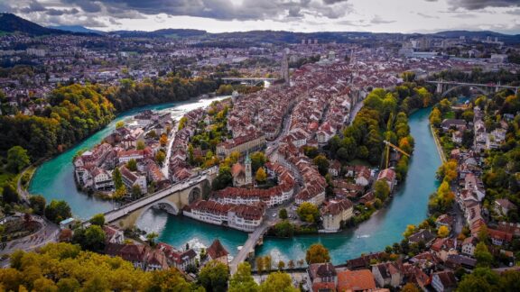 An aerial view of Bern, the capital of Switzerland and one of the safest cities in the world. 