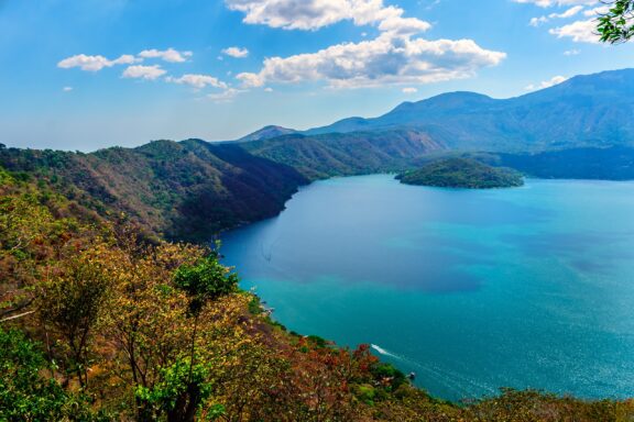 A view of the turquoise waters of Coatepeque Lake in El Salvador. 