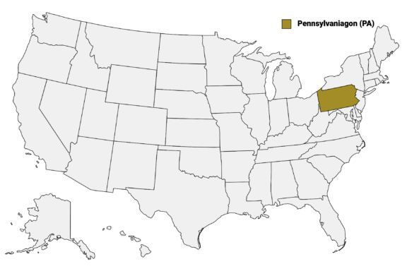 The State of Pennsylvania highlighted on the US map.