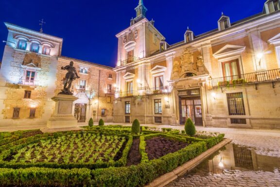 Evening View of Plaza de la Villa Square with Historical Buildings Plaza de la Villa, Madrid, known for its historical significance and well-preserved medieval architecture