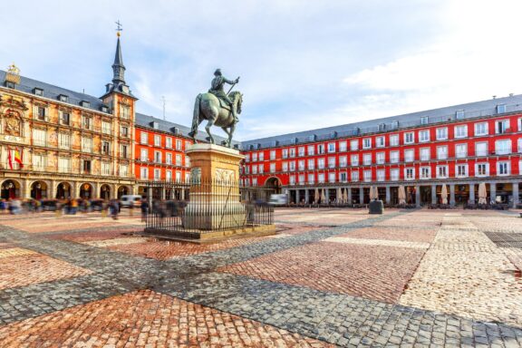Plaza Mayor with Equestrian Statue King Philip III on horseback statue in Plaza Mayor