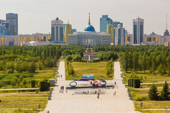View of Presidential Park in Nur-Sultan with City Skyline The Presidential Park. spanning over 100 hectares