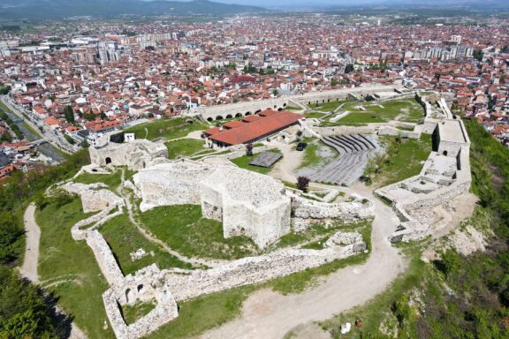 Aerial view of Prizren with Prizren Fortress, or Kalaja, in the foreground