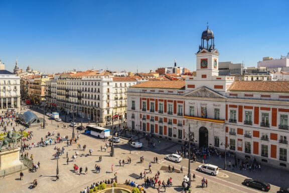 Aerial View of Puerta del Sol, Madrid Puerta del Sol, or "Gate of the Sun," one of the busiest and most well-known squares in Madrid