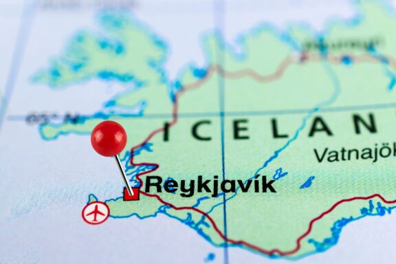 Map close-up and pin on Reykjavik, Iceland