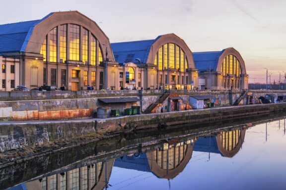 Twilight View of Riga Central Market Pavilions Exterior of Riga Central Market, recognized by UNESCO