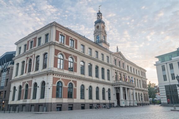 Riga City Council Building at Dusk City Hall of Riga, whose initial site dates back to 1750
