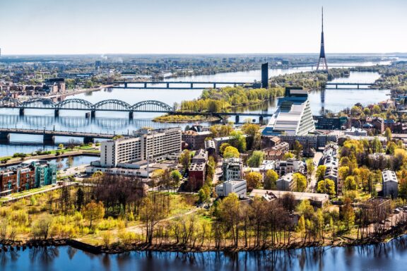 Aerial View of Riga Skyline with Bridges and River Skyline of Riga, Latvia