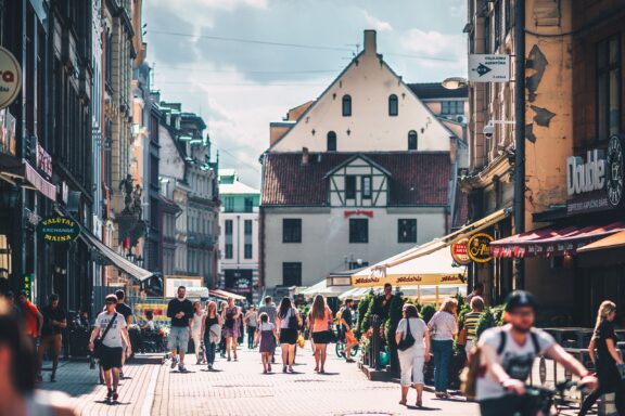 Bustling Street Scene in Riga People strolling through the old town in Riga