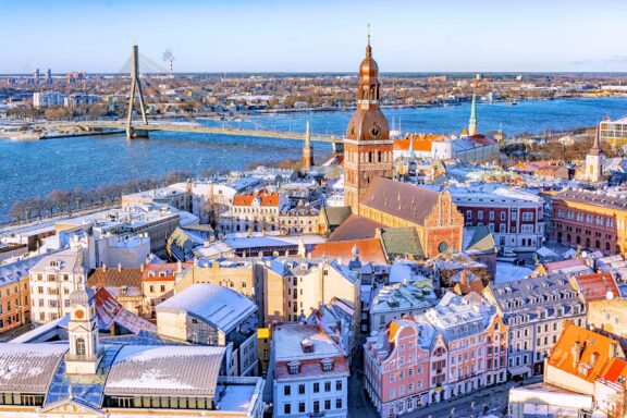 Aerial View of Riga Cityscape in Winter Amid a chilly winter evening in Riga