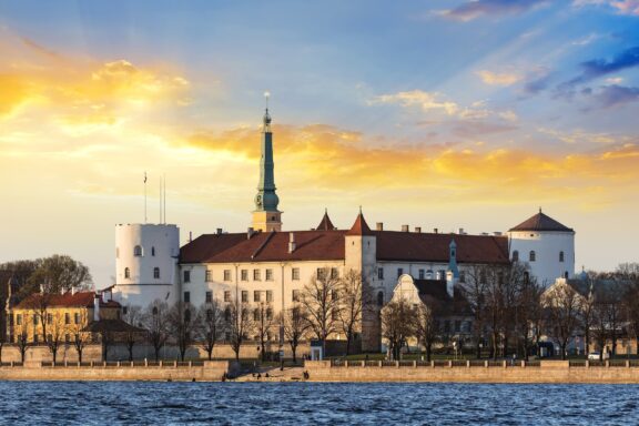 Riga Castle at Sunset Rīgas Pils, a historic castle built in the early 14th century