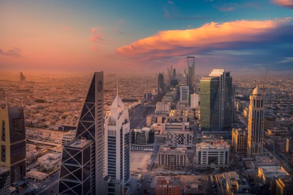 Sunset Over Riyadh Skyline Skyline of modern architecture in Riyadh.