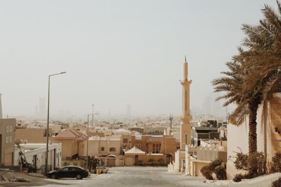 Desert Cityscape with Minaret in Riyadh Streets of Riyadh with a mosque in the background
