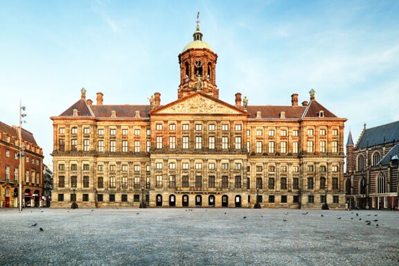 The Royal Palace of Amsterdam, built in a symmetrical style