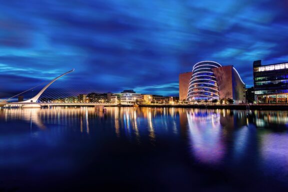 Skyline of Dublin and Samuel Beckett bridge