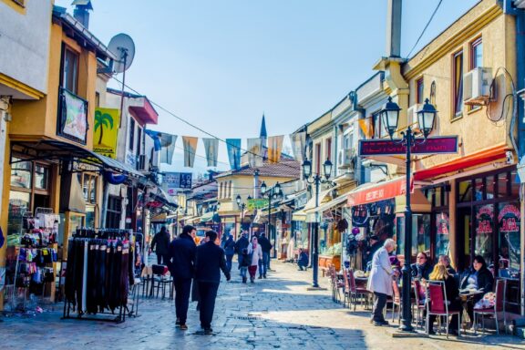 Locals commuting and enjoying the coffee and shopping scene in Skopje