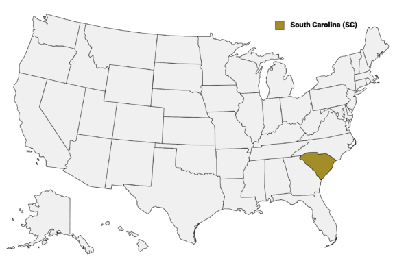 The State of South Carolina highlighted on the US map.