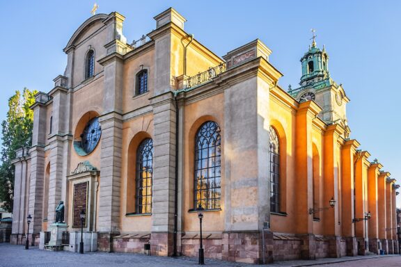 Historic Cathedral Facade at Sunset The Church of St. Nicholas, also known as Storkyrkan or Stockholm Cathedral, built in the mid 13th century