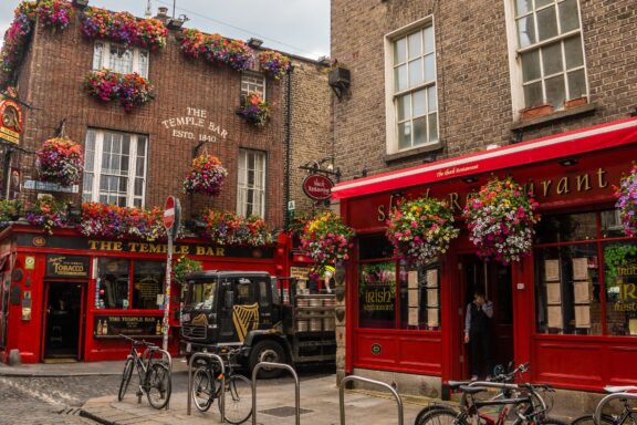 Colorful Pub Facade in Temple Bar District Temple Bar District, named after Sir William Temple