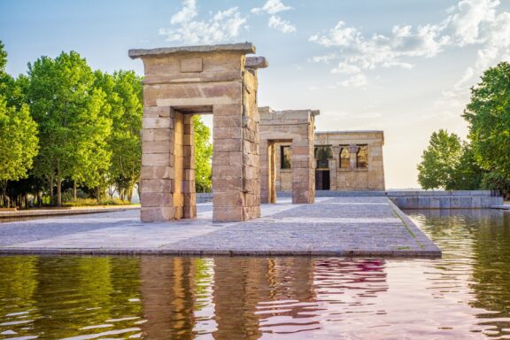 The Temple of Debod, an ancient Egyptian temple that was disassembled and rebuilt in Madrid.