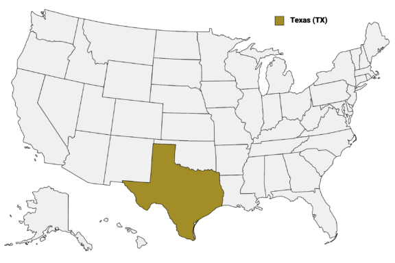 The State of Texas highlighted on the US map.