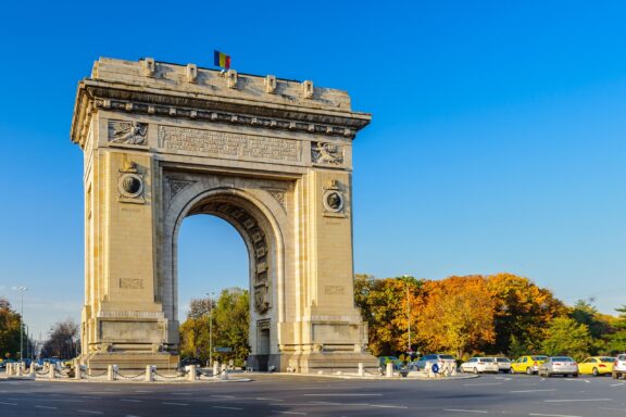 Triumphal Arch in Bucharest on a Sunny Day The Triumphal Arch of Bucharest, built in the late 19th century.