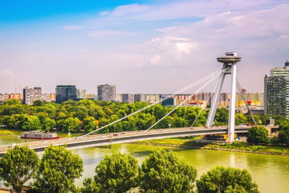 UFO Bridge over Danube River, completed in 1972, during socialist modernism