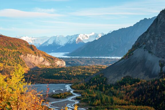 A view of the Matanuska River in Alaska during Fall. 