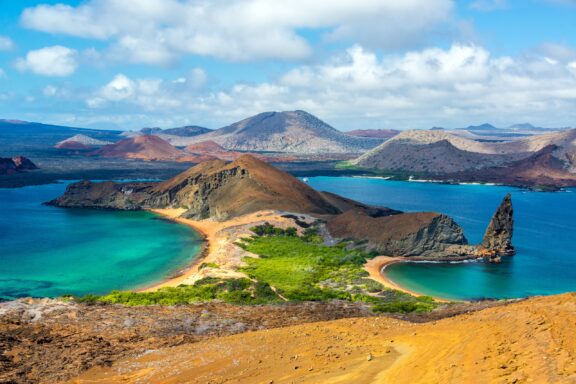 Two sandy beaches can be seen from the top of a hill on Bartolomé Island.