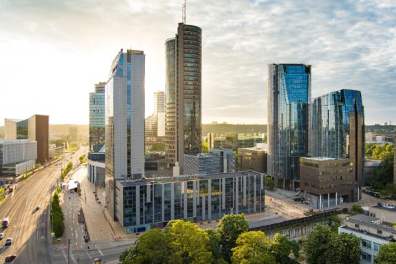 Beautiful aerial evening view of the main Business District of Vilnius