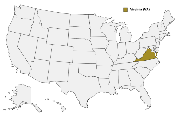 The State of Virginia highlighted on the US map.