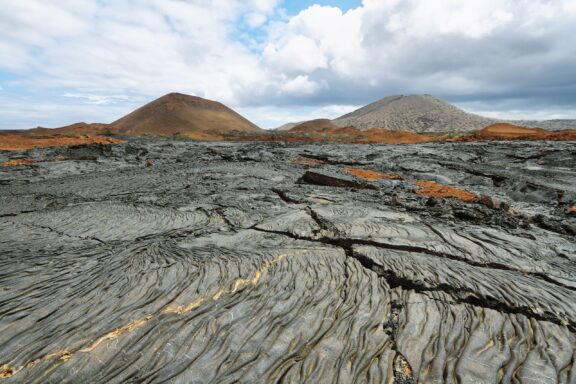 A view of the volcanic landscape on Santiago Island.