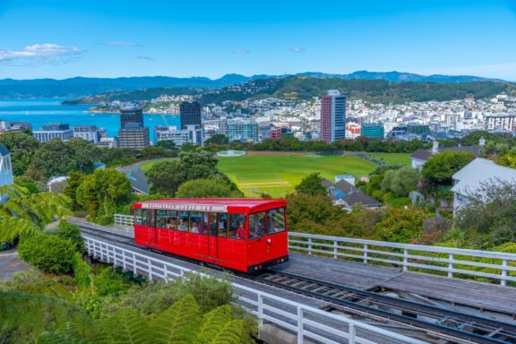 Red Cable Car in Wellington with Cityscape and Sea View The Wellington Cable Car