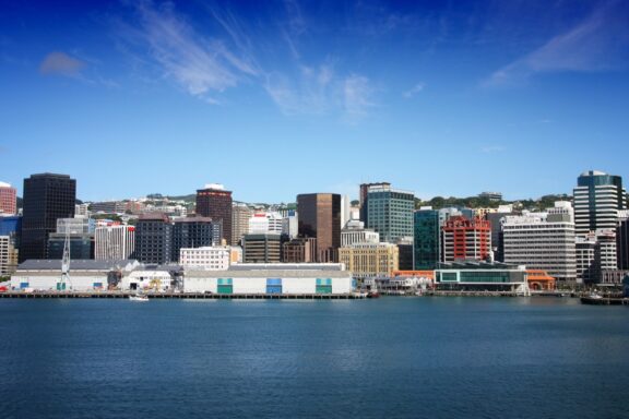 Waterfront View of Wellington City Skyline Skyline of Wellington on a sunny day