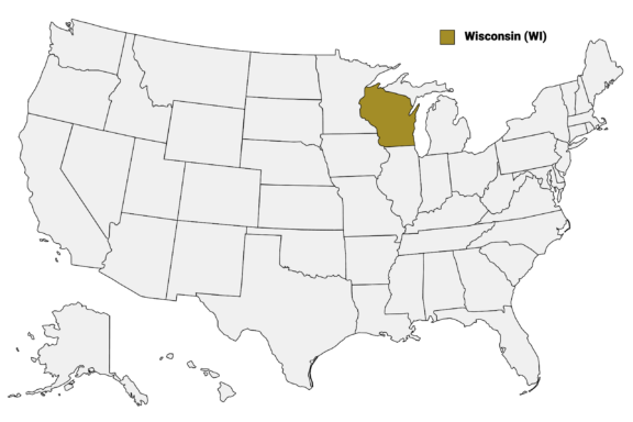 The State of Wisconsin highlighted on the US map.