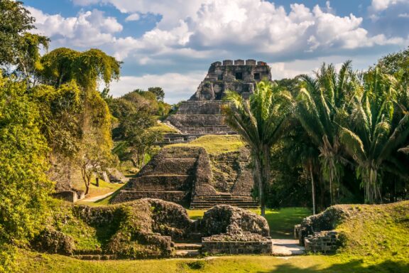 The Xunantunich Mayan ruins stand out in the green jungles of Belize. 