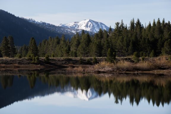 Markleeville Peak reflects in a nearby lake in Alpine County.