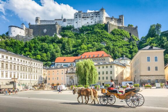 A view of the historic center of Salzburg, Austria on a clear day.