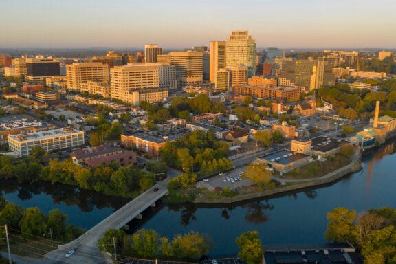 An aerial view of Wilmington, Delaware in New Castle County at sunrise. 