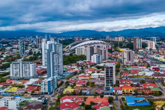 An aerial view of downtown San José, Costa Rica on a cloudy day. 