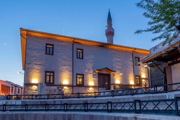 Illuminated Mosque at Twilight Ahi Elvan Mosque in Ankara, dating back to the Seljuk period