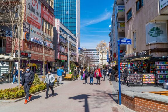 Pedestrians stroll through the downtown area of Ankara