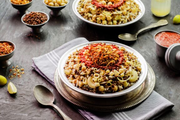 A dish of kushari, a traditional Egyptian meal.