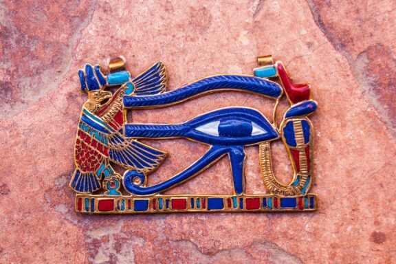 Semi-precious stones form the Eye of Horus design from ancient Egypt.