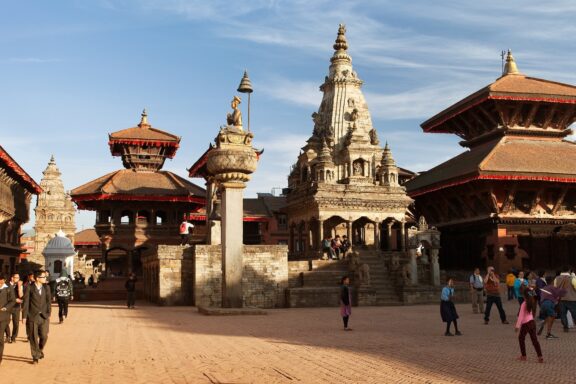 Bhaktapur Durbar Square with Temples and Visitors Bhaktapur Durbar Square, known for its wooden art and rich culture
