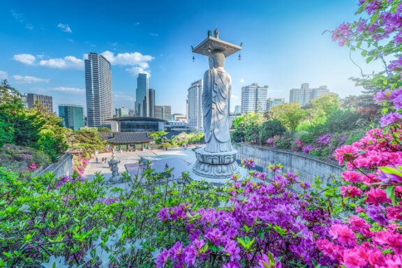 Bongeunsa Temple with Seoul Skyline in Spring Seoul's Skyline from Bongeunsa Temple, dating back to 794