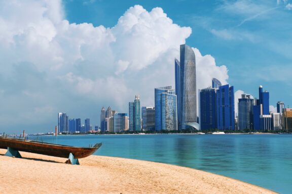 City Skyline from Sandy Beach Corniche beach abu dhabi united arab emirates