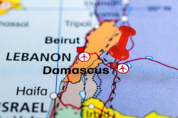 Map with Pin on Damascus Location Close up location of Damascus, and its neighboring major cities and countries