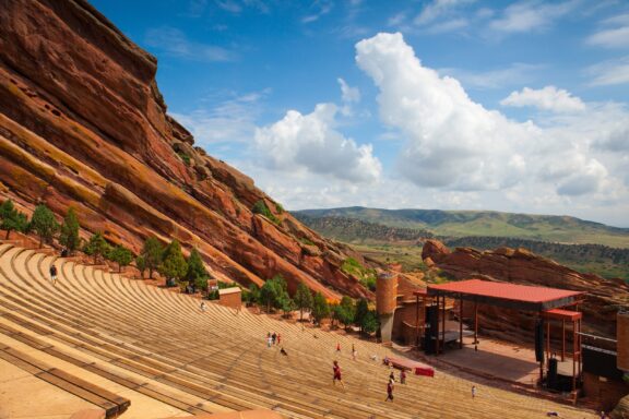 A view of the stairs and stage of the Red Rocks Amphitheater.