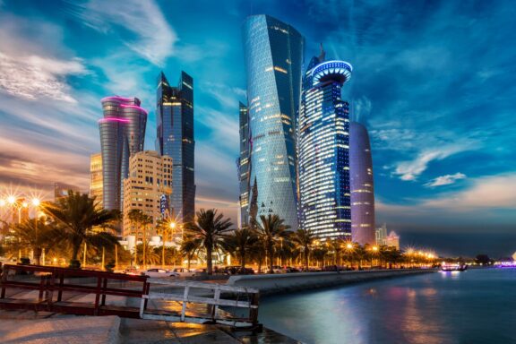 The skyline of doha city center after sunset qatar